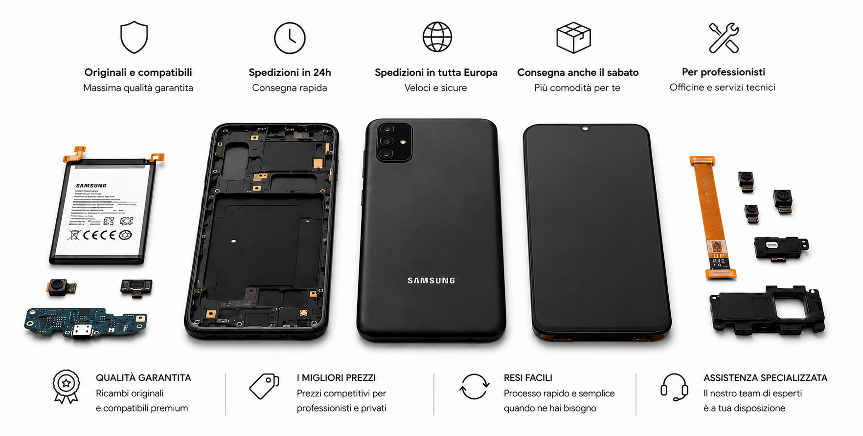 Ricambi Samsung Galaxy originali e compatibili con schermi, batterie, fotocamere, connettori di ricarica, componenti elettronici e accessori per riparazione smartphone